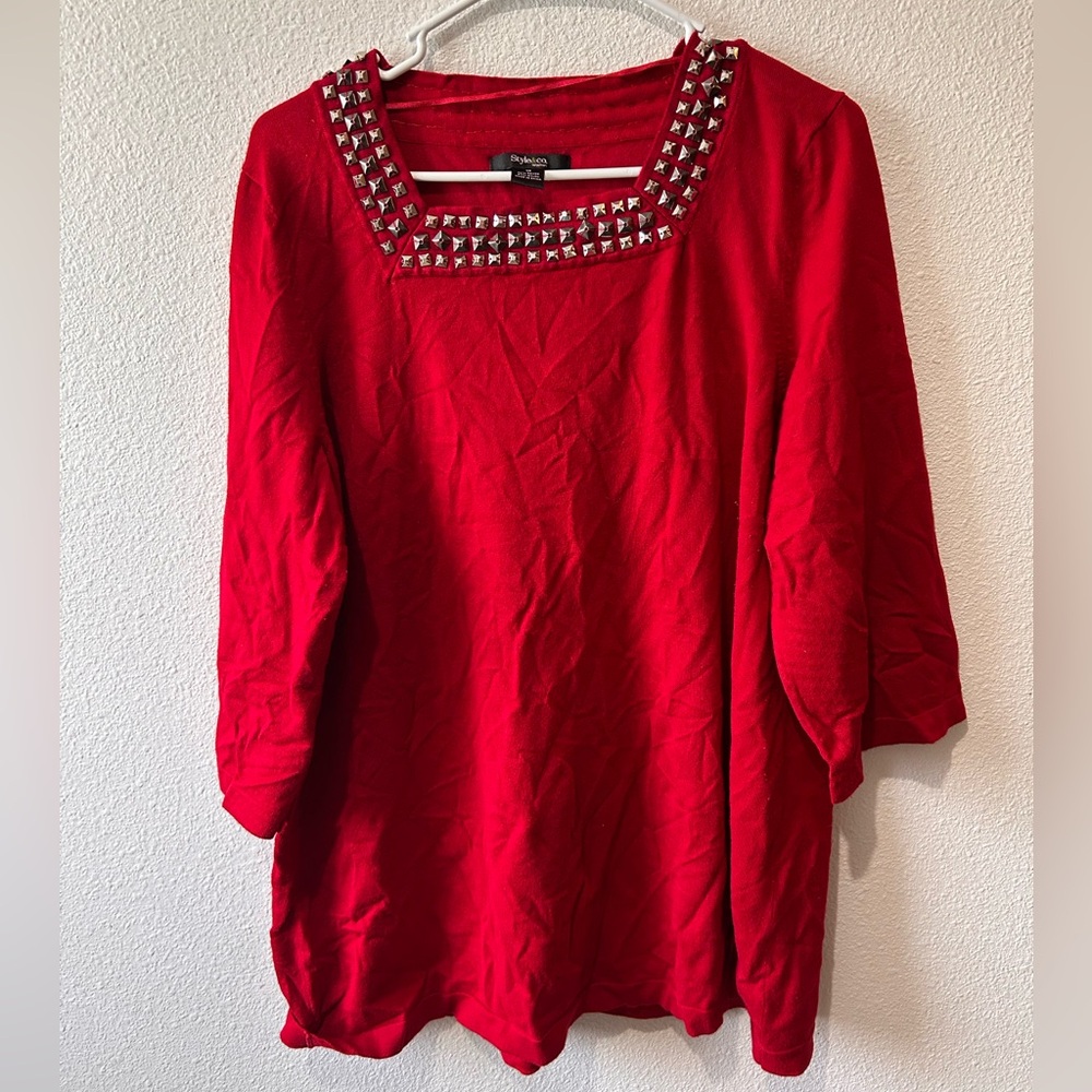 Red Studded Square-Neck Women's Top